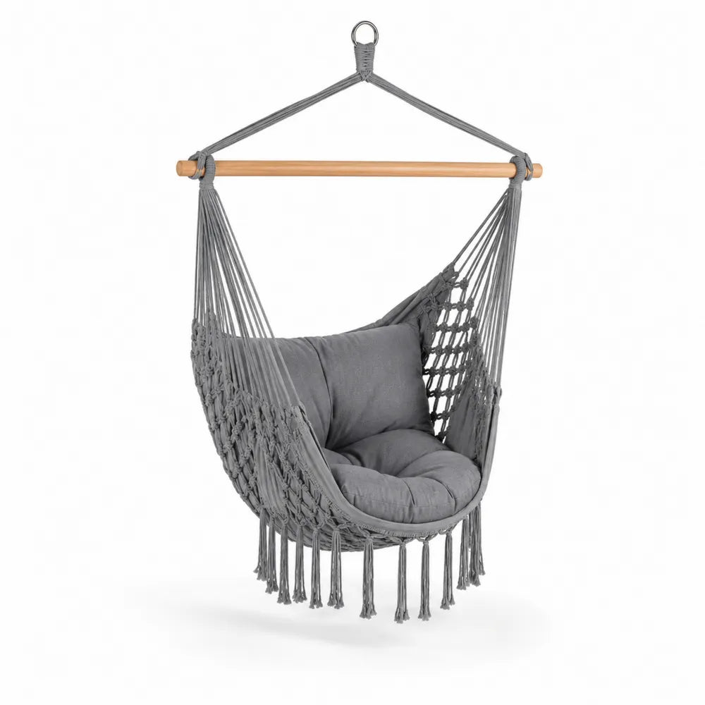 Chaise suspendue en polyester et bois de hêtre gris avec coussin