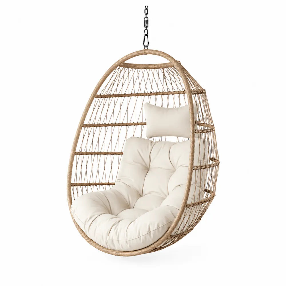Fauteuil suspendu en rotin synthétique avec coussin beige