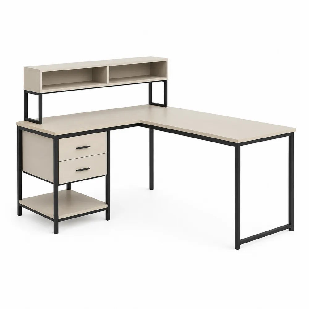 Bureau d'angle en bois et métal avec étagères et tiroirs 140x140 cm - Beige