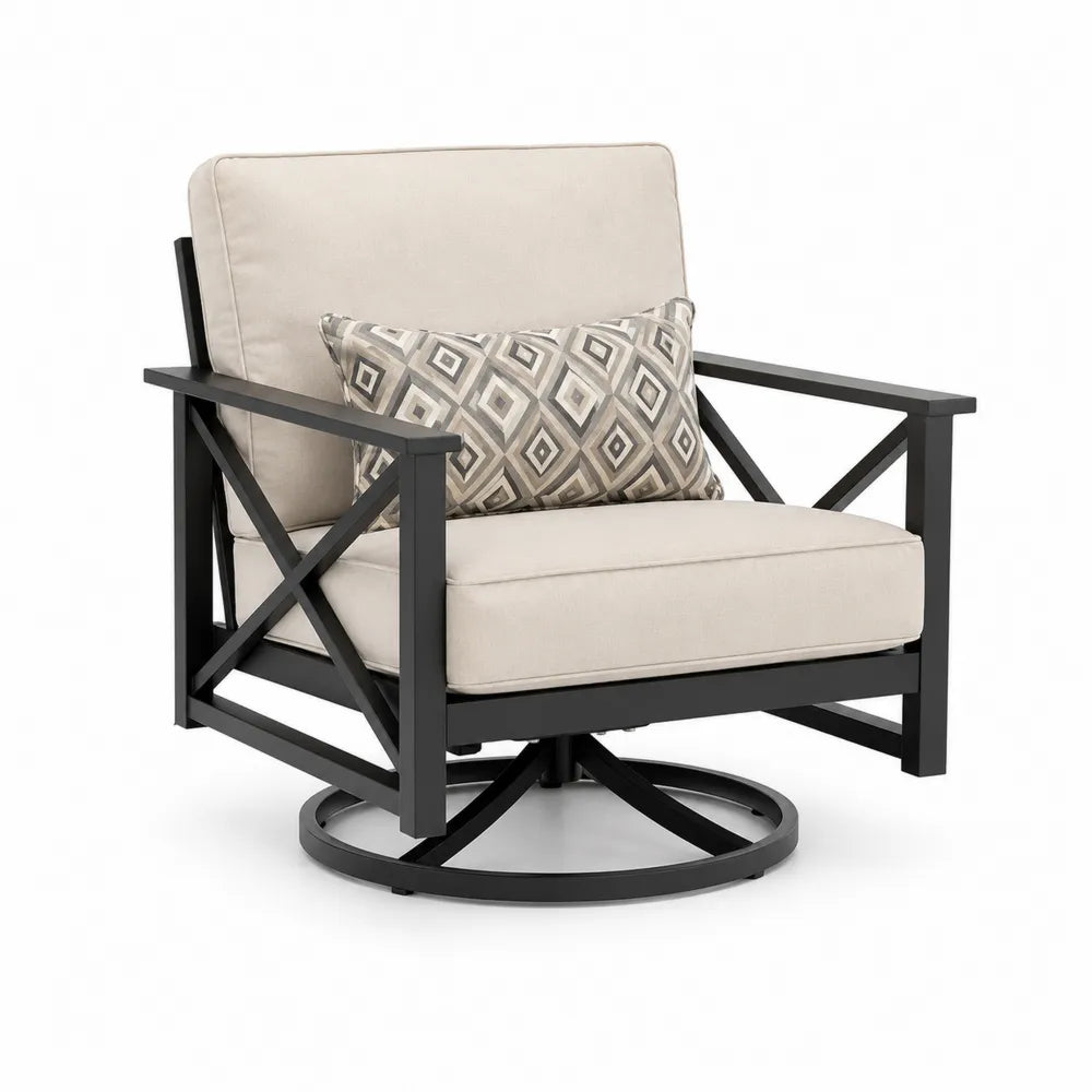 Fauteuil pivotant en aluminium noir avec coussins beige