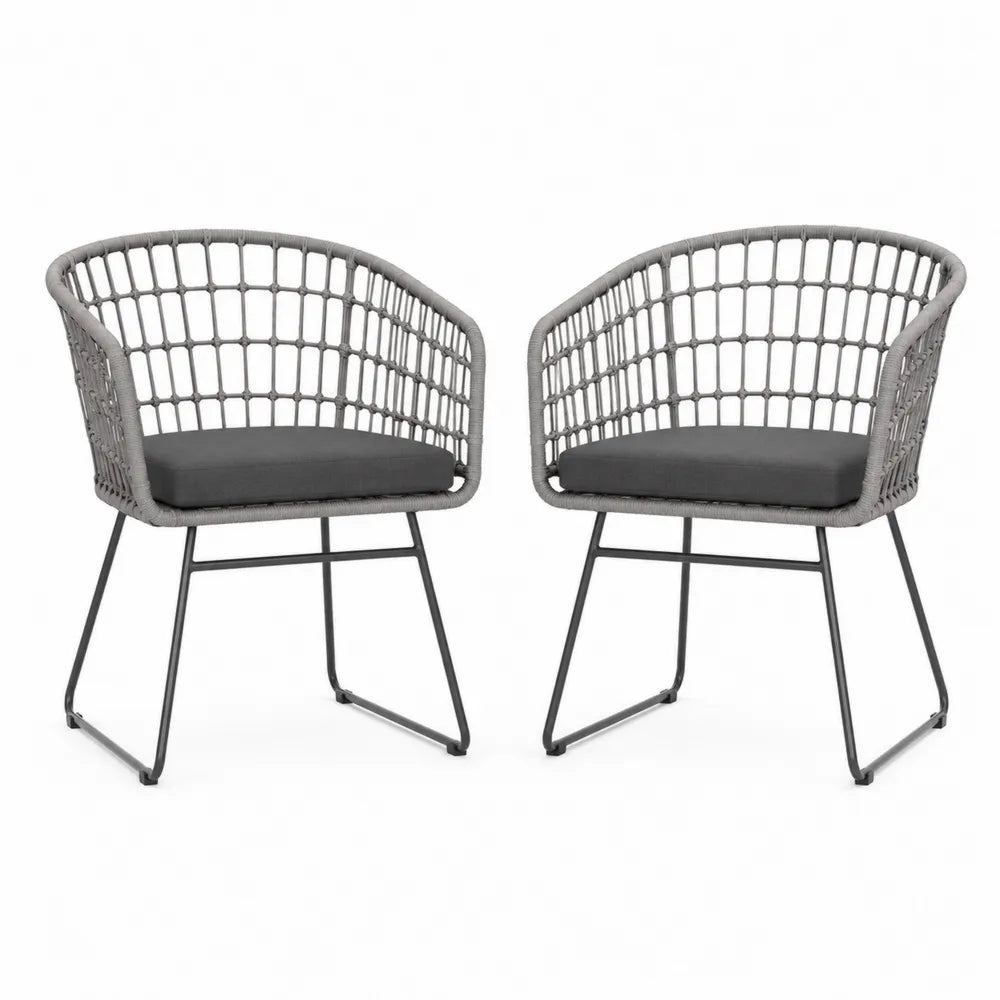 Ensemble de 2 chaises d'extérieur en corde avec coussin anthracite, structure acier
