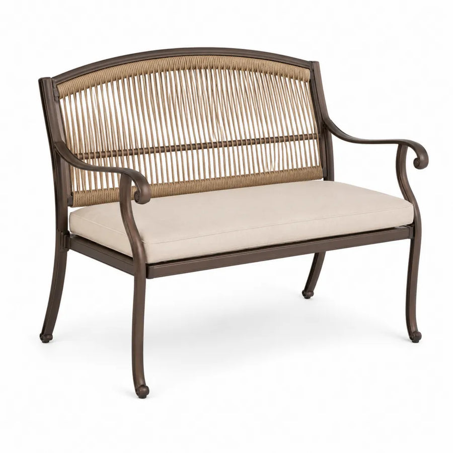 Banc de jardin en aluminium et osier synthétique marron avec coussin beige