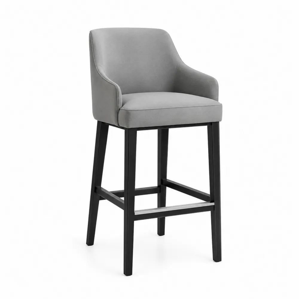 Tabouret en velours gris avec pieds en bois noir