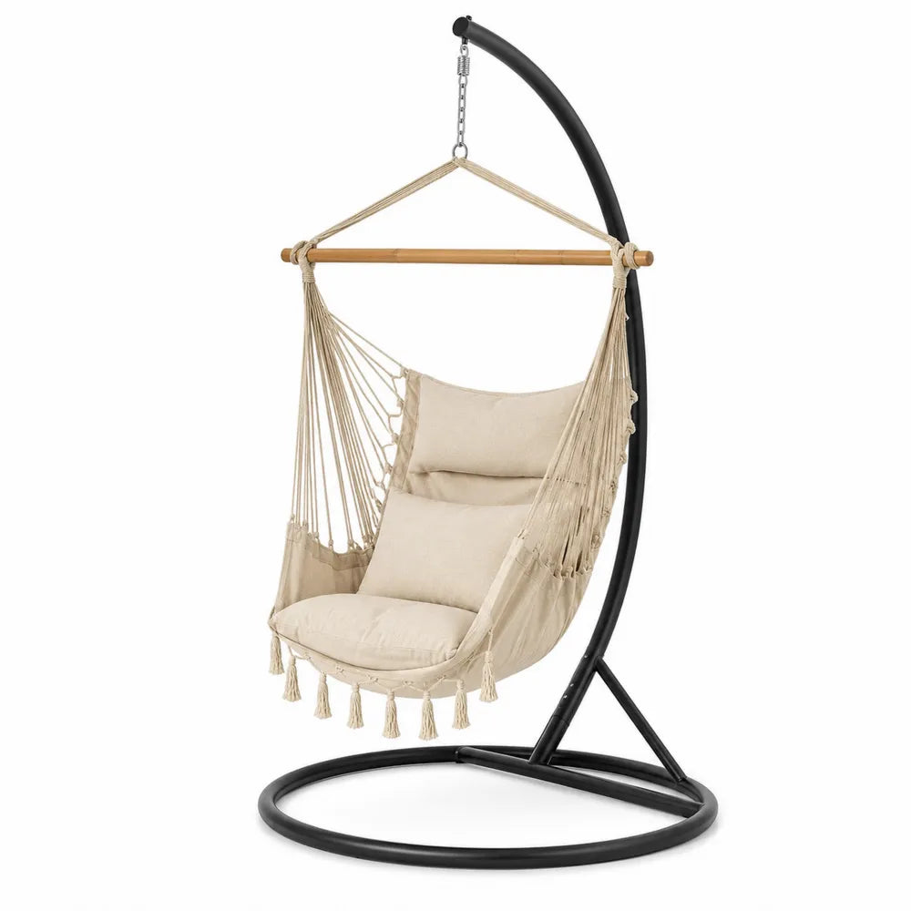 Chaise hamac en coton avec support en acier et coussins beiges