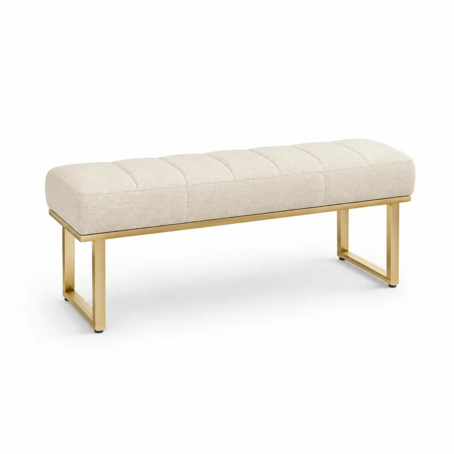 Banc rectangulaire en tissu polyester beige et cadre en métal doré