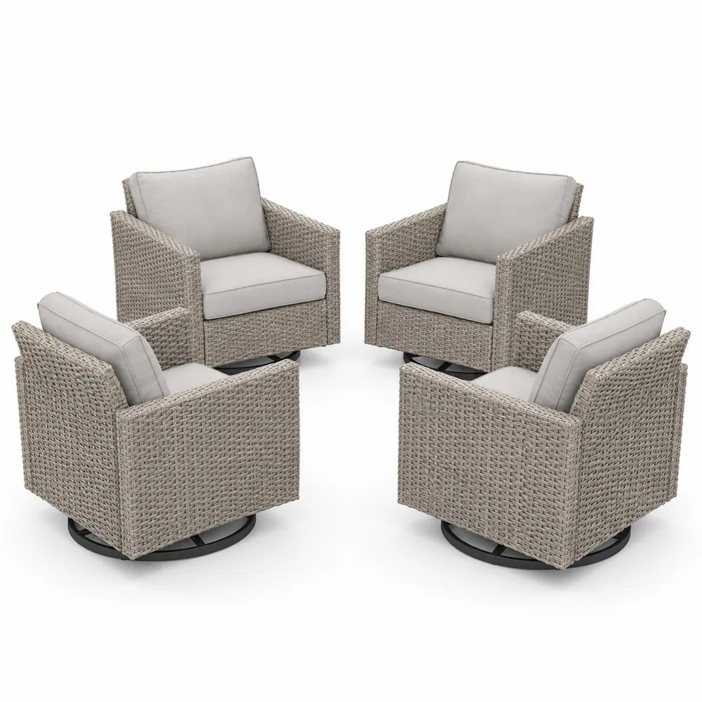 Ensemble de 4 fauteuils pivotants en résine tressée gris avec coussins en polyester