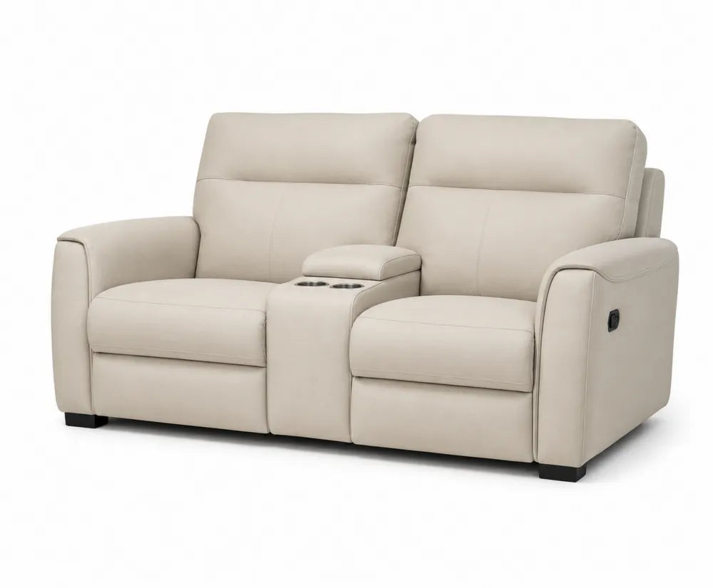 Canapé deux places inclinable en bois et cuir synthétique beige
