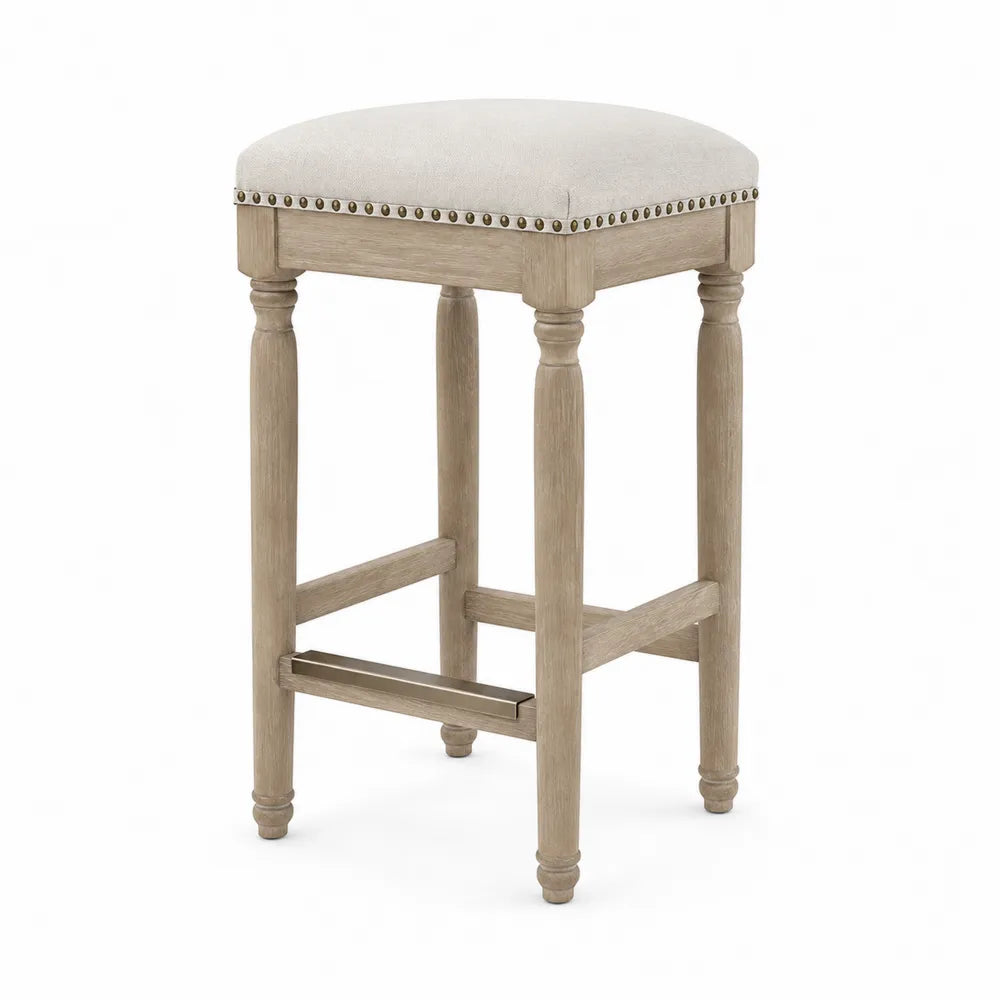 Tabouret de bar en bois de chêne et lin beige 75 cm