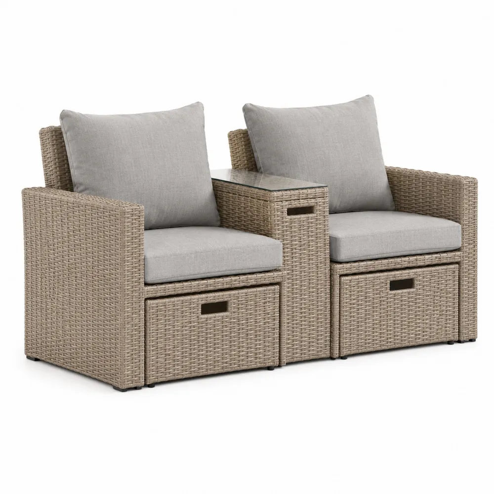 Ensemble de Fauteuils en Rotin avec Table en Verre et Coussins Gris Clair