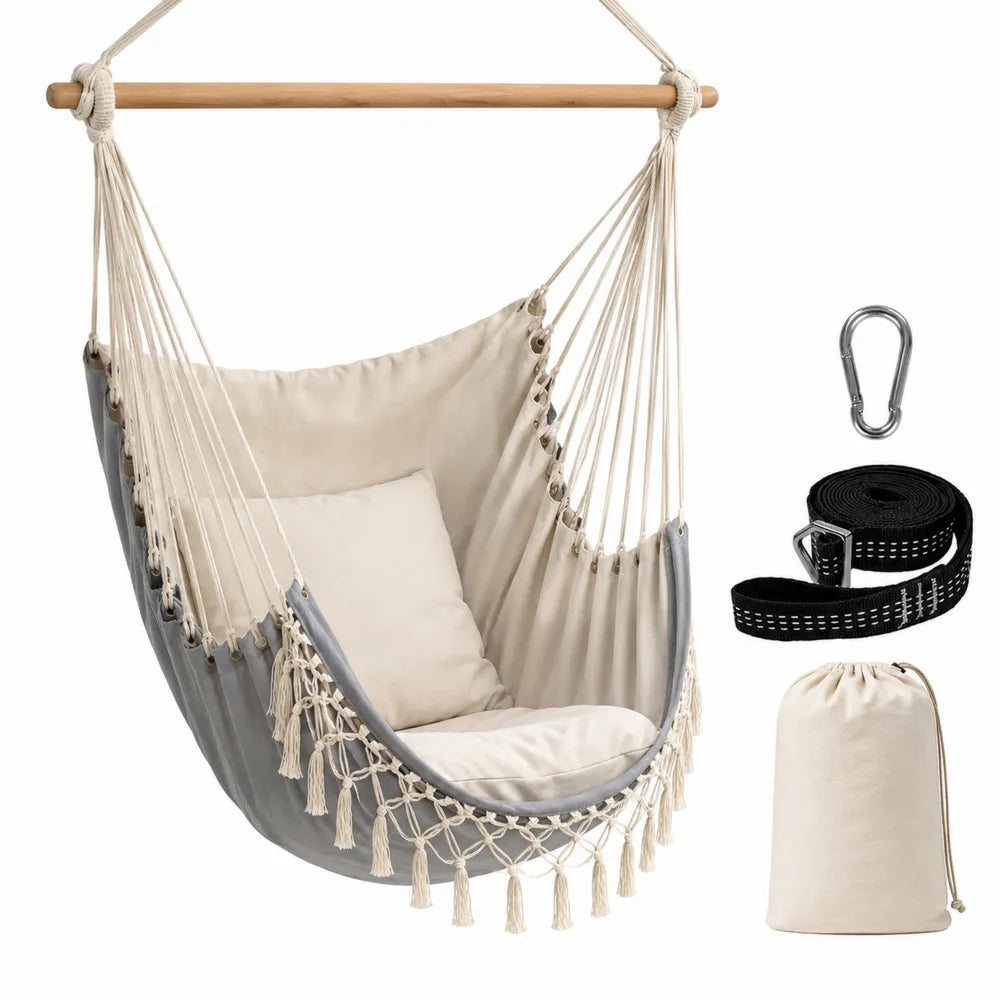 Chaise hamac suspendue en coton avec coussins et accessoires - Beige/Gris
