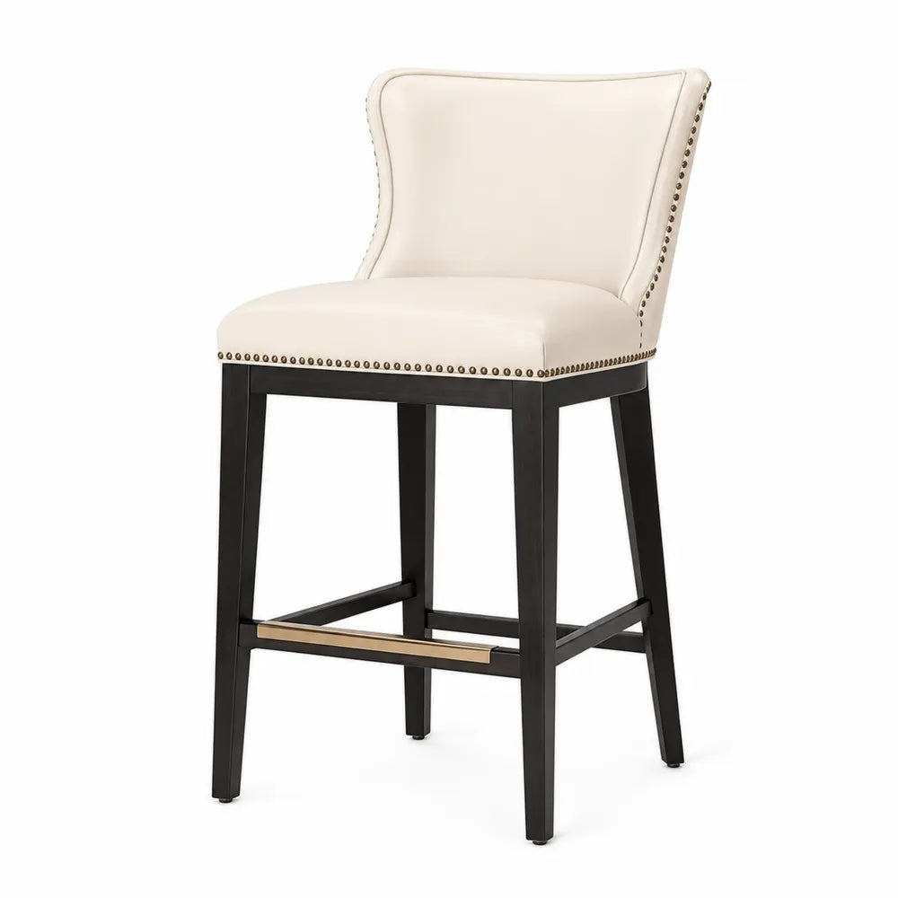 Tabouret de bar cuir synthétique crème pieds en bois