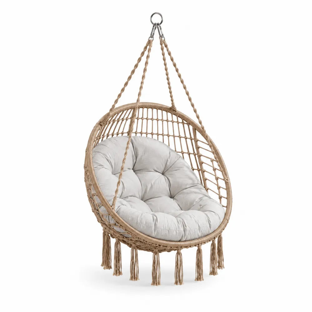 Fauteuil Suspendu en Corde avec Coussin en Coton Beige